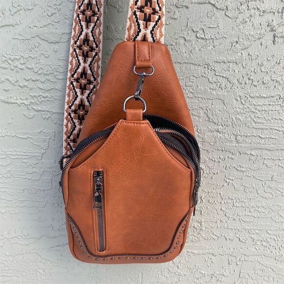 Sam & Hadley Brown Faux Leather Sling Bag Unisex Medium Adjustable Strap - Picture 3 of 16